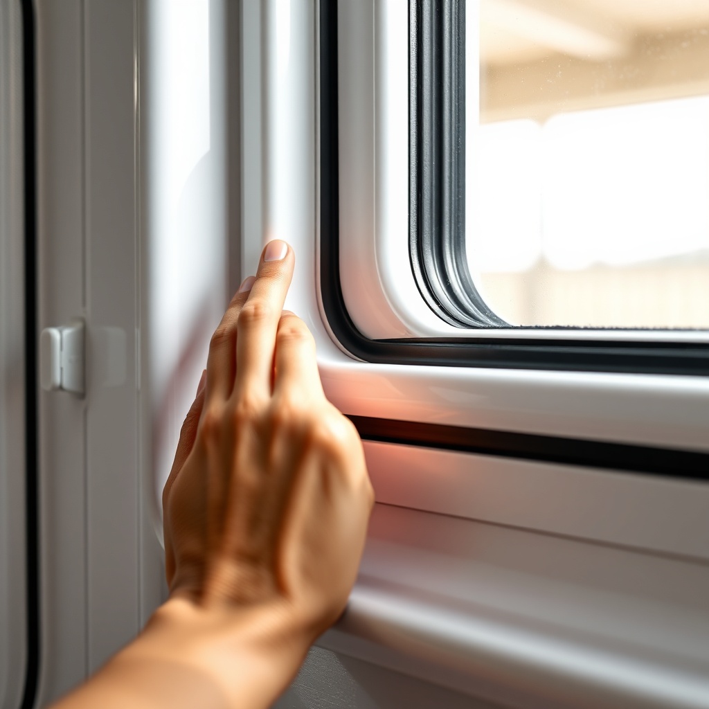 <A photorealistic close-up of a Model A prefabrik ev's window and door area