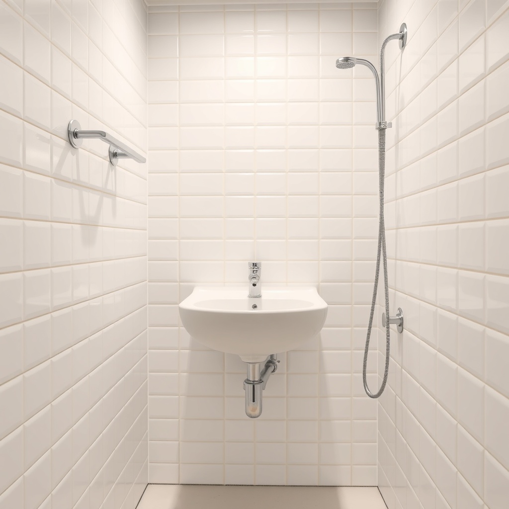 <clean photorealistic photo of a small prefab bathroom with white tiles