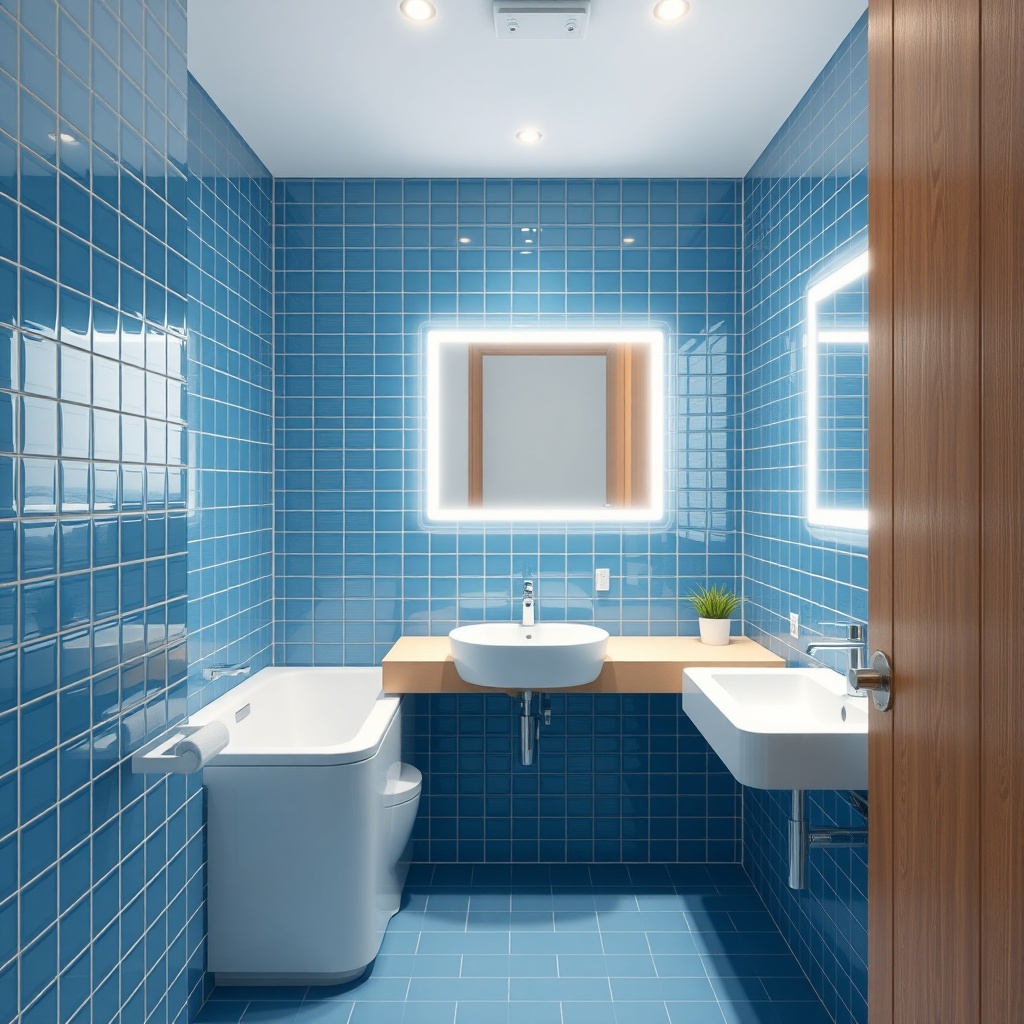 <clean photorealistic photo of a small prefab bathroom with LED lights