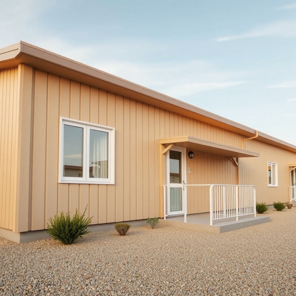 A photorealistic wide-angle shot of the exterior of a modern prefabrik ev modeli A