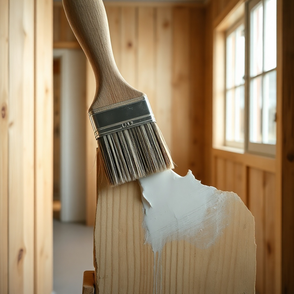 A photorealistic close-up of a paintbrush applying paint on a wooden panel inside a prefab