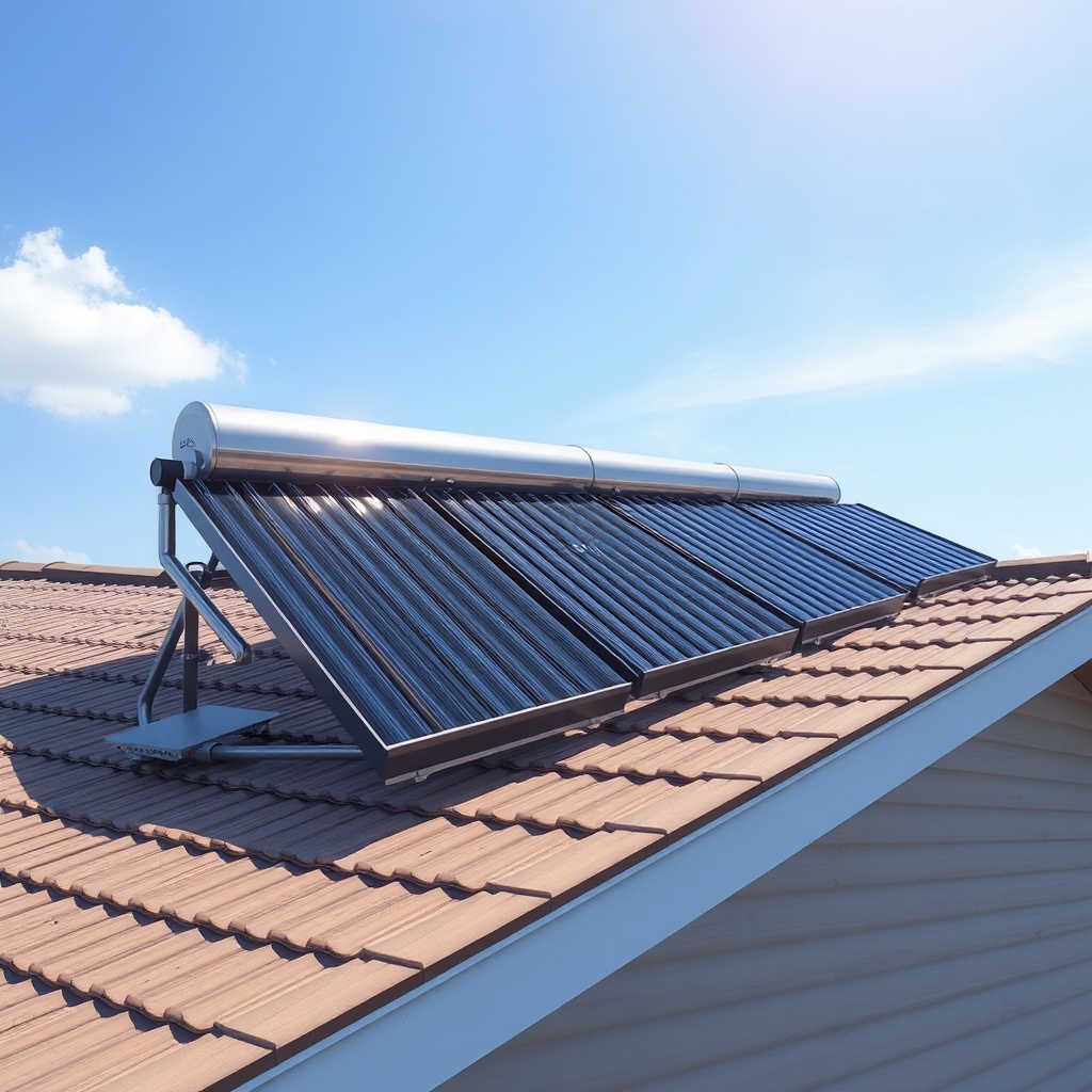 <clean photorealistic photo/illustration showing vacuum tube solar collectors mounted on a