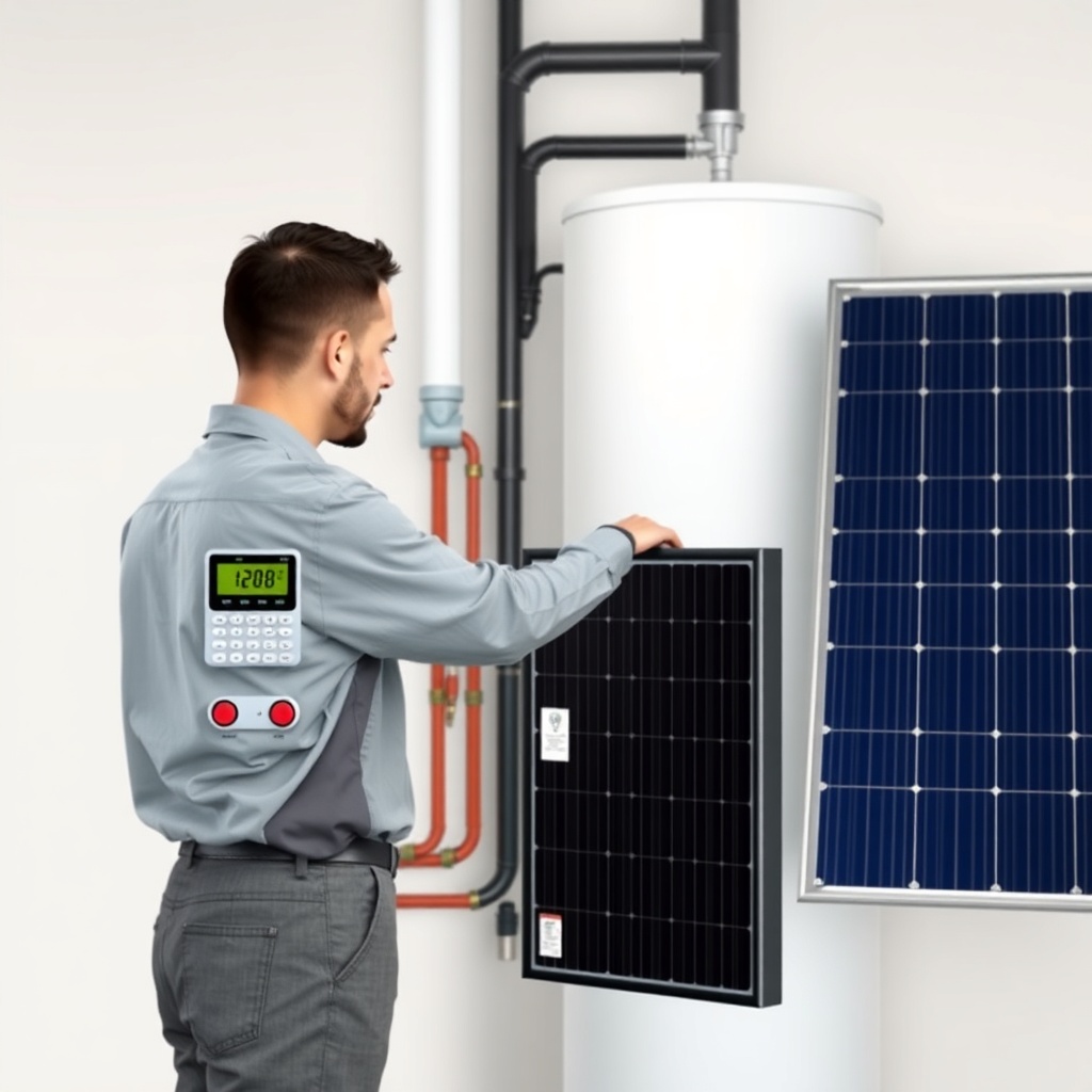 <clean photorealistic photo/illustration showing a technician checking a solar heating sys