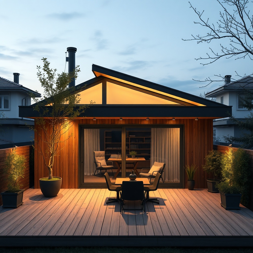 Model A prefabrik evin açık terasında