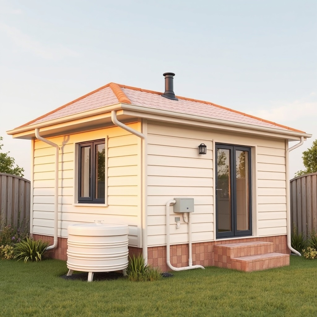 photorealistic photo of a small prefabricated house (Model A) with gutters