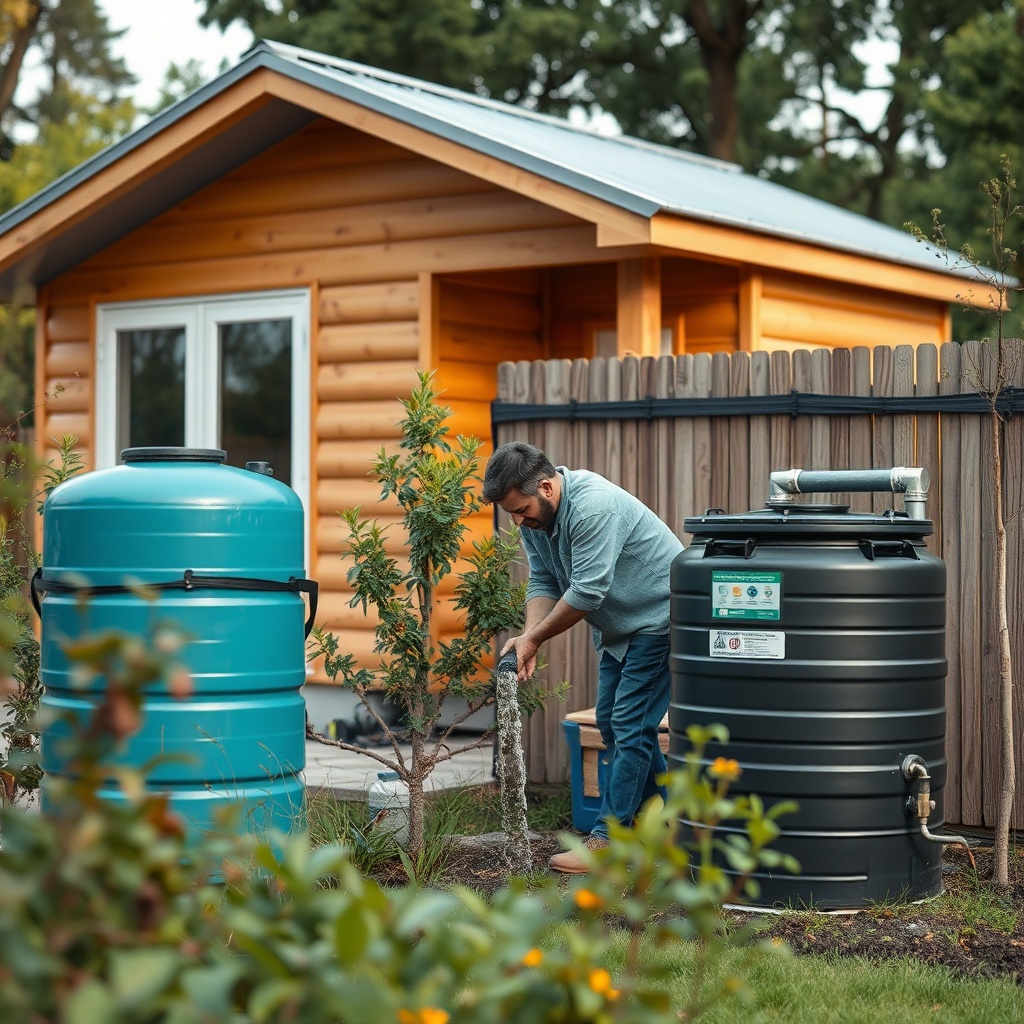 photorealistic photo of a person in a garden cleaning the filter of a rainwater collection
