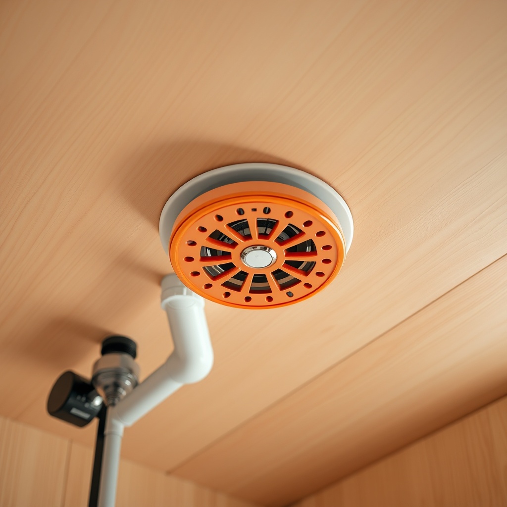 clean photorealistic photo of a sprinkler head mounted on a light wooden ceiling in a mode