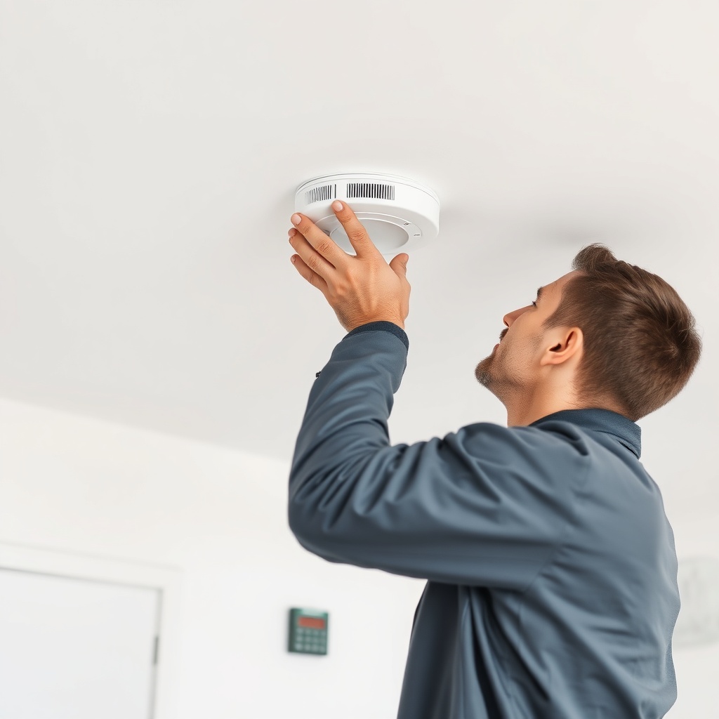 clean photorealistic photo of a technician installing a smoke detector on a white ceiling