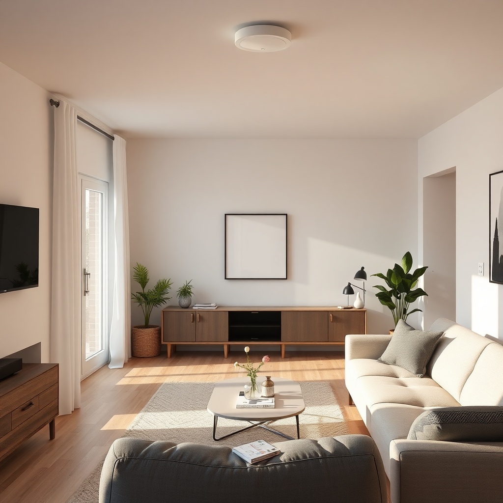 clean photorealistic photo of a Model B prefabrik ev living room with smart lighting and t