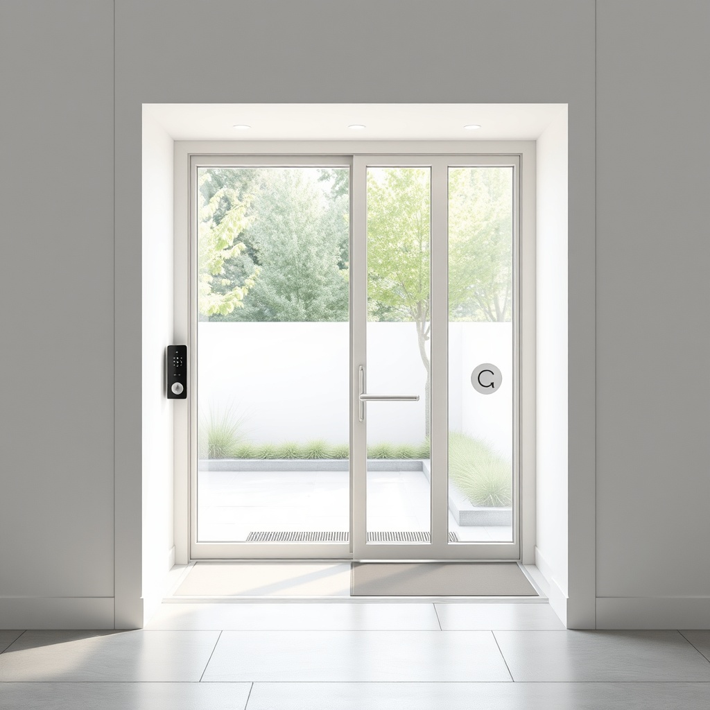 clean photorealistic photo of a Model B prefabrik ev entrance with smart lock and camera