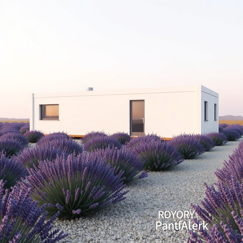 <clean photorealistic photo of a modern prefabrik ev with lavender and gravel pathways