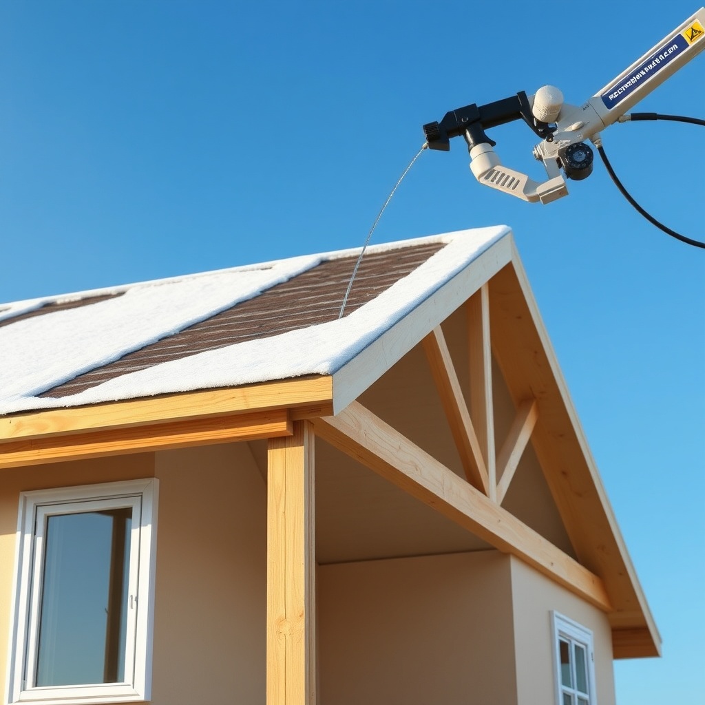A realistic photo of a prefabricated house roof being insulated with polyurethane spray fo