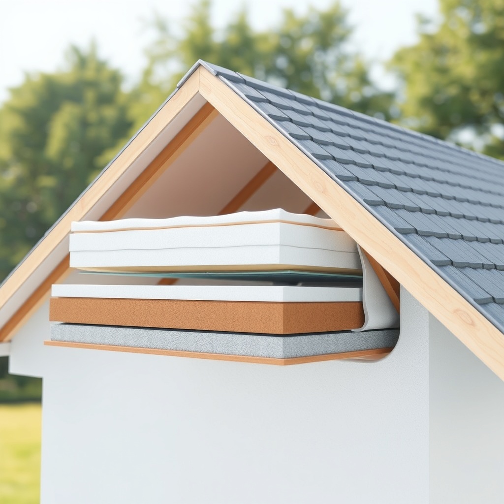 A realistic photo showing cross-section layers of a roof insulation system on a prefab hou