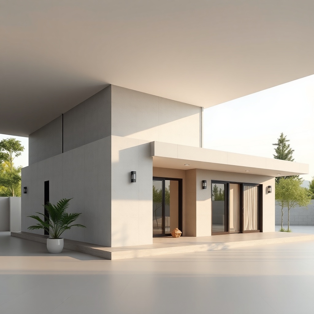 Modern bir Model B prefabrik evin dış cephesinde fiber çimento kaplama uygulanmış hali