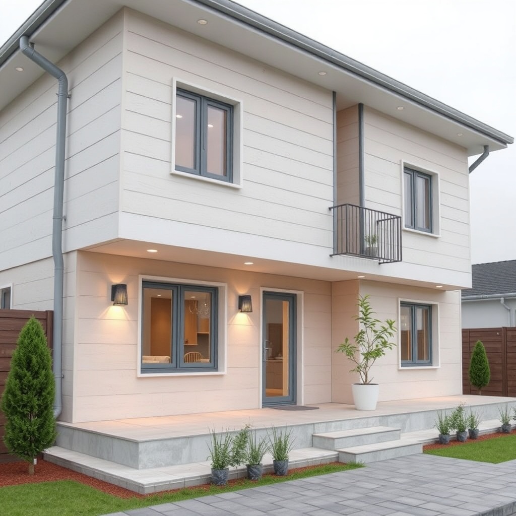 Model B prefabrik evin yan cephesinde PVC kaplama montajı yapılırken