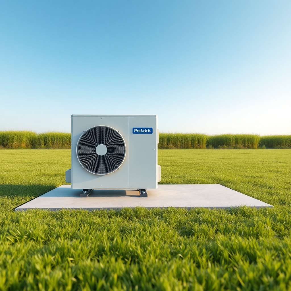 A photorealistic wide-angle shot of a modern Model B prefabrik ev with a heat pump outdoor