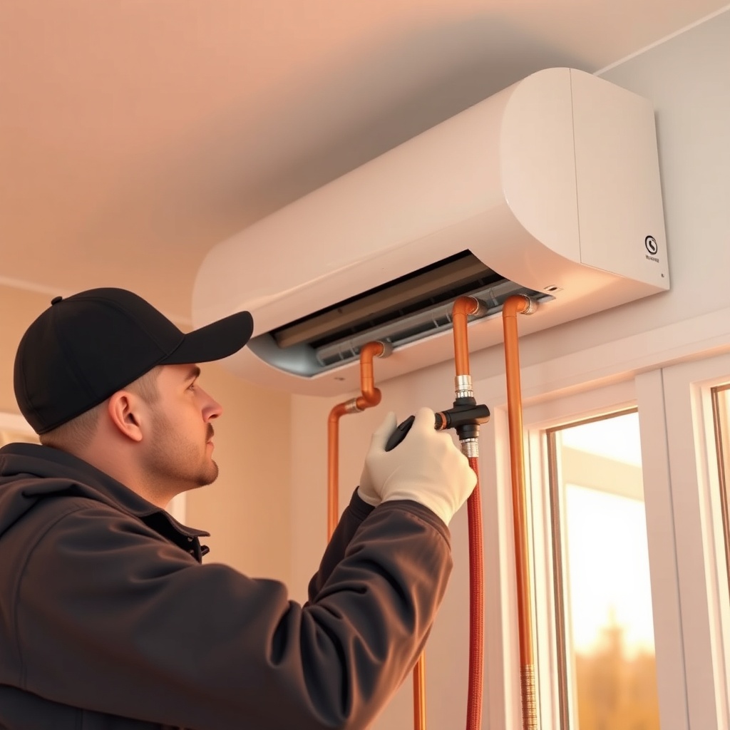 Photorealistic close-up of a technician installing copper refrigerant pipes and connecting