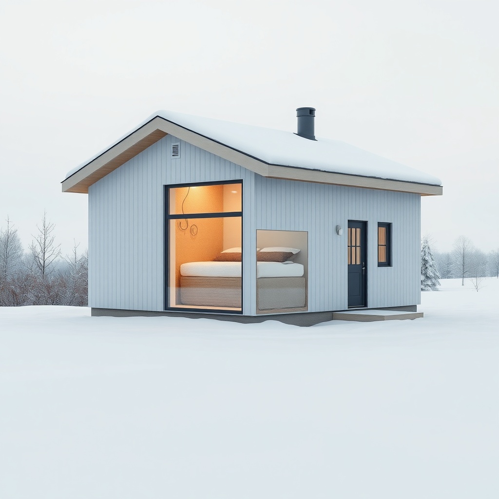 <clean photorealistic photo of a prefabrik ev Model B with snow-covered roof