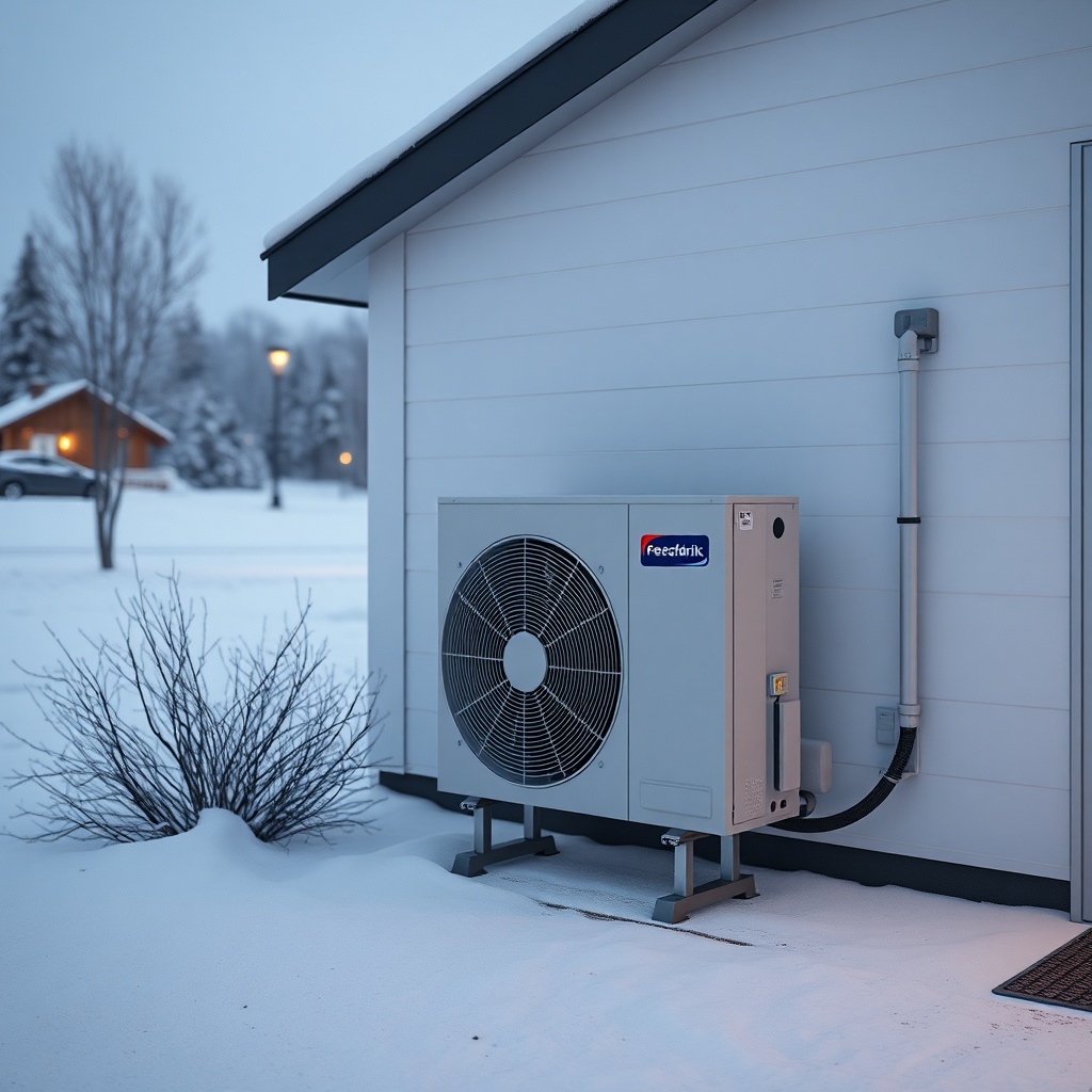 <clean photorealistic photo of a modern heat pump unit installed outside a prefabrik ev Mo