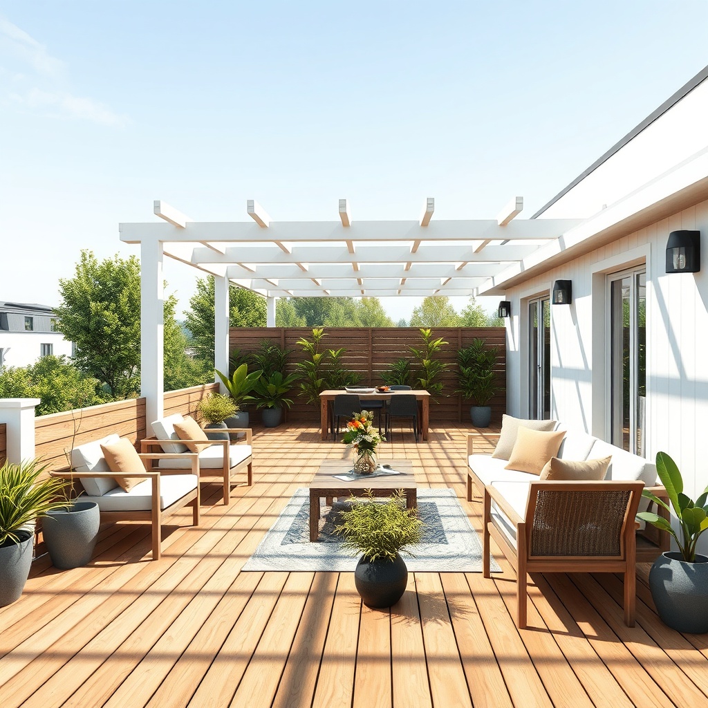 <clean photorealistic photo of a Model B prefabrik ev terrace with wooden deck