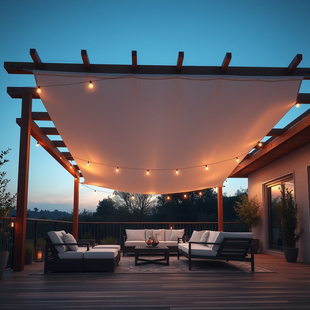 <clean photorealistic photo of a Model B prefabrik ev terrace with a wooden pergola covere