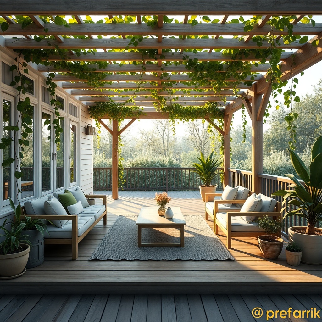 A photorealistic wide-angle view of a Model B prefabrik ev with a spacious wooden veranda