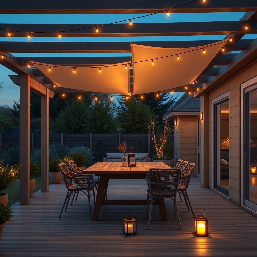 A photorealistic evening view of a Model B prefabrik ev veranda