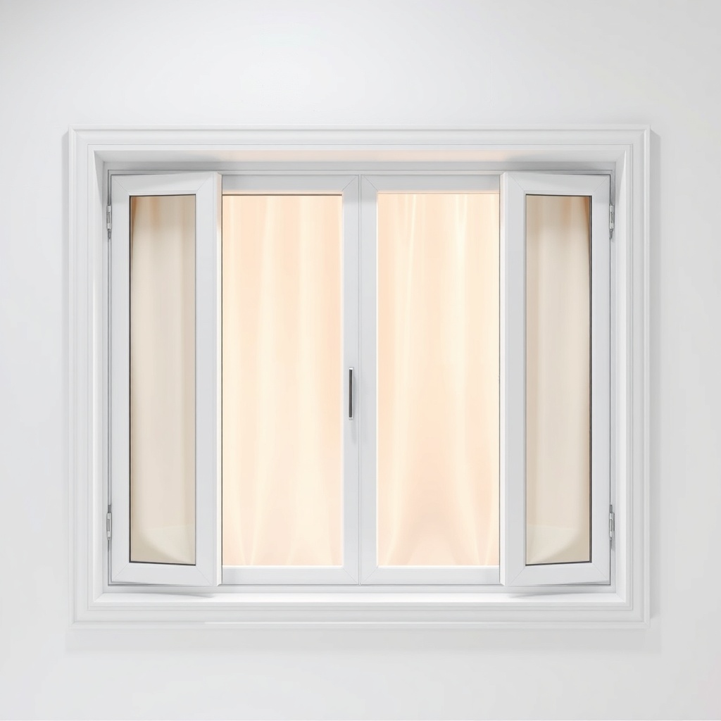 <clean photorealistic photo of a prefab house window with thermal curtain and insulation f