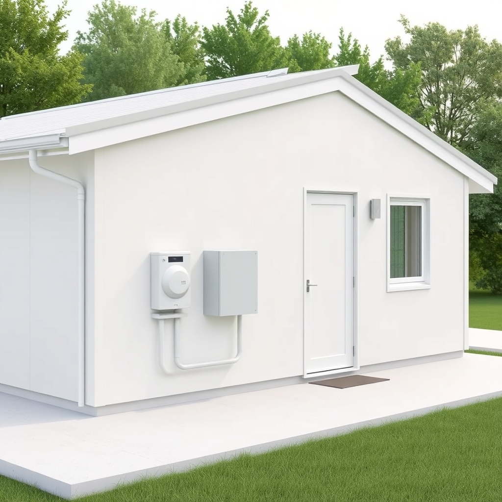 A photorealistic photo of a prefabricated house Model A exterior with visible electric met