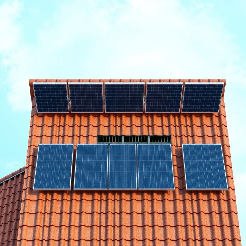 Photorealistic top-down view of a Prefabrik Ev Modeli A roof with solar panels installed