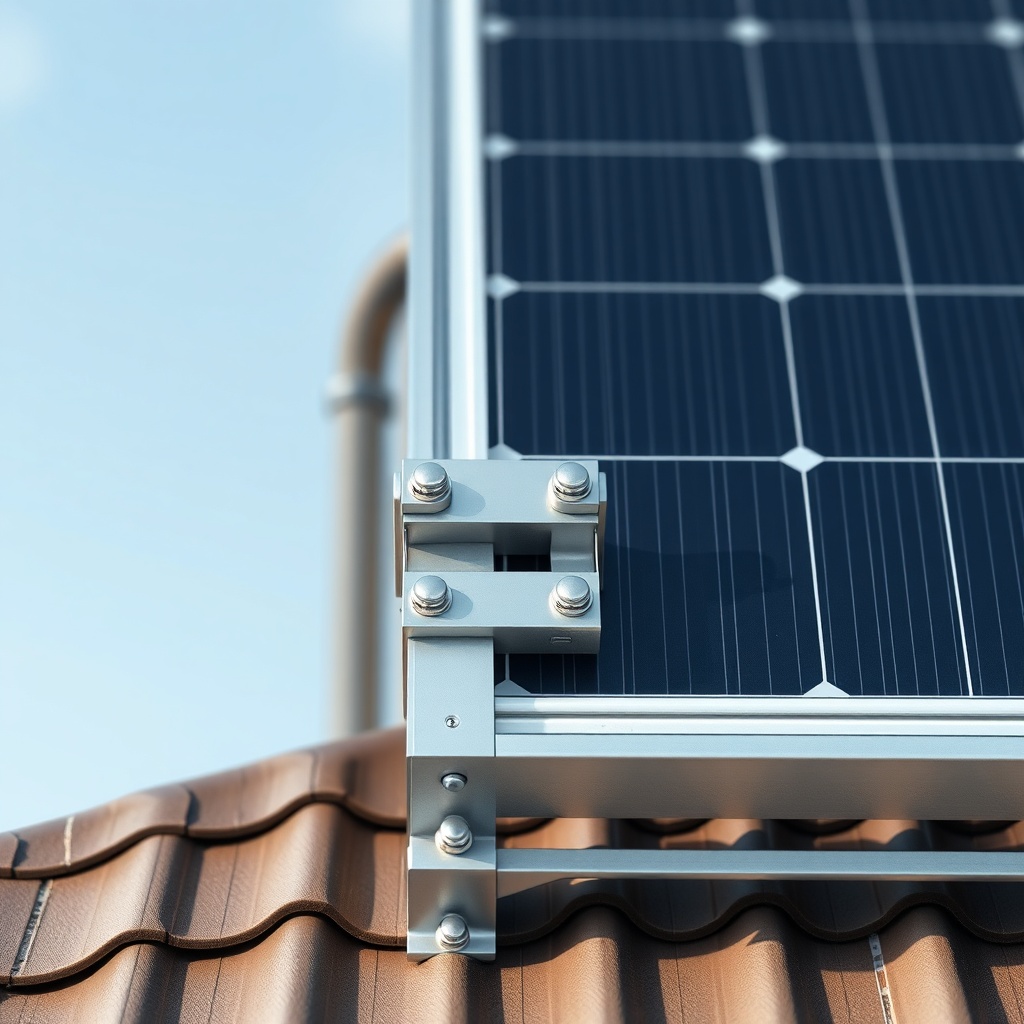 Photorealistic close-up of a solar panel mounting bracket system on a Prefabrik Ev Modeli