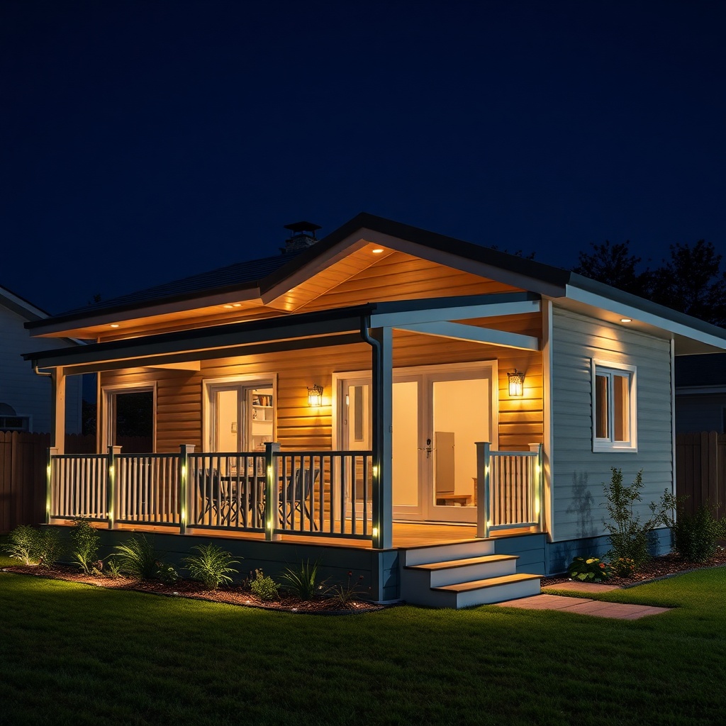 A modern prefabricated house at night with warm LED lighting on the porch and garden
