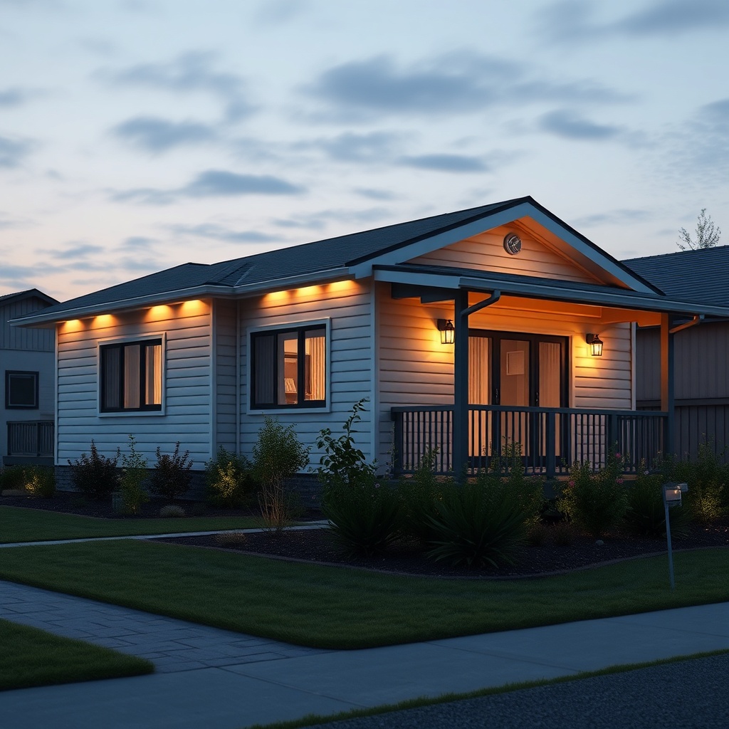 A photorealistic view of a prefabricated house at dusk with integrated security lights and