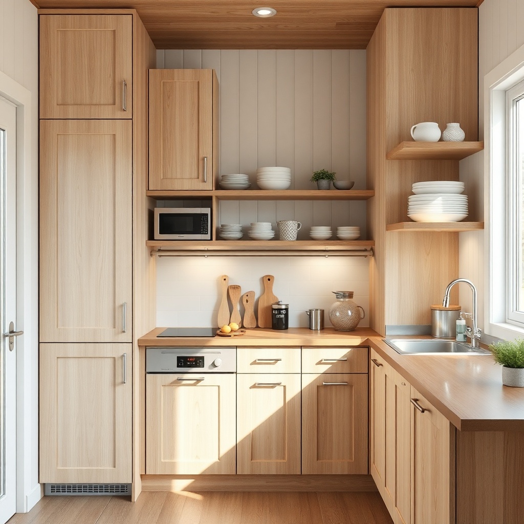 <clean photorealistic photo of a compact prefabricated house kitchen with vertical cabinet