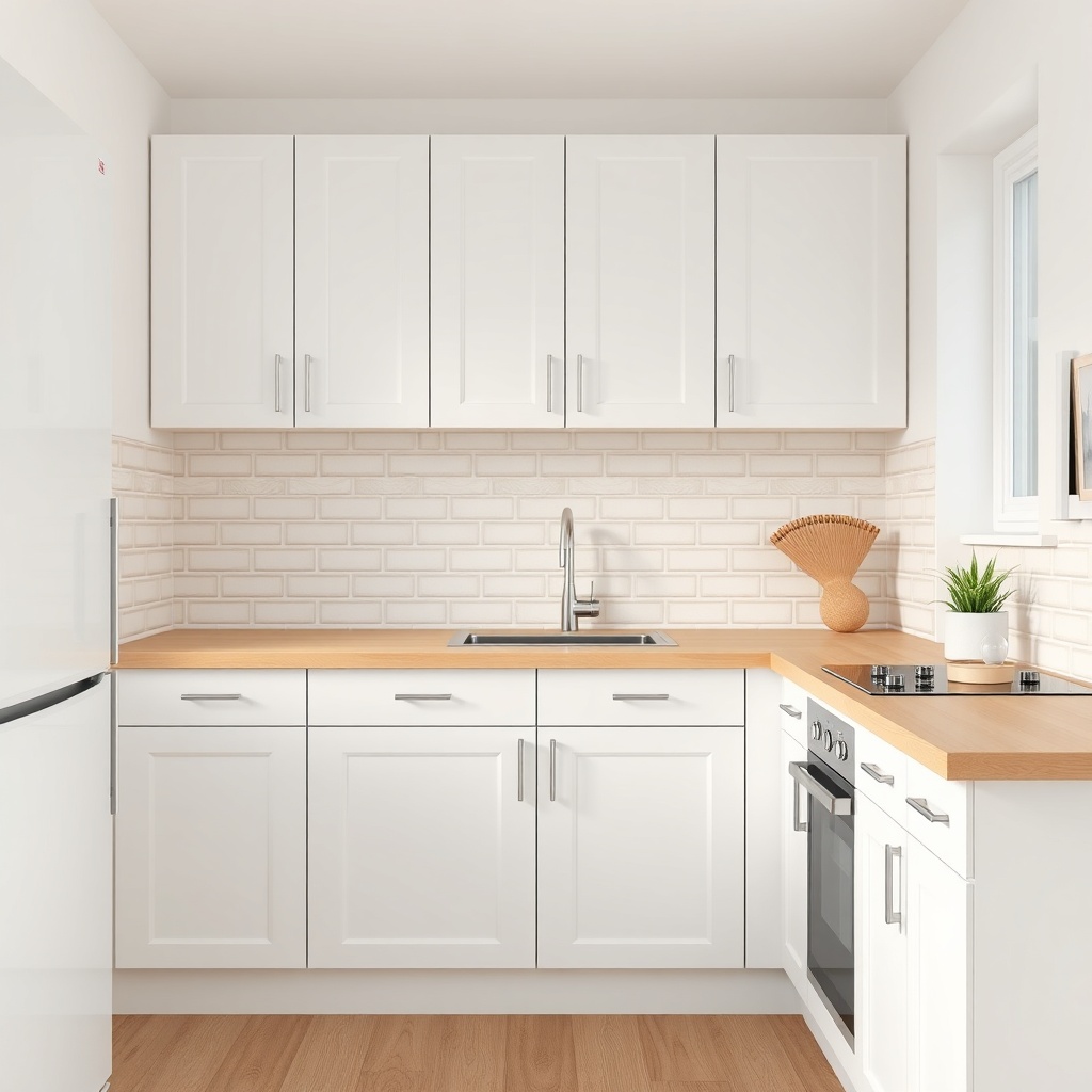 <clean photorealistic photo of a small kitchen with white cabinets