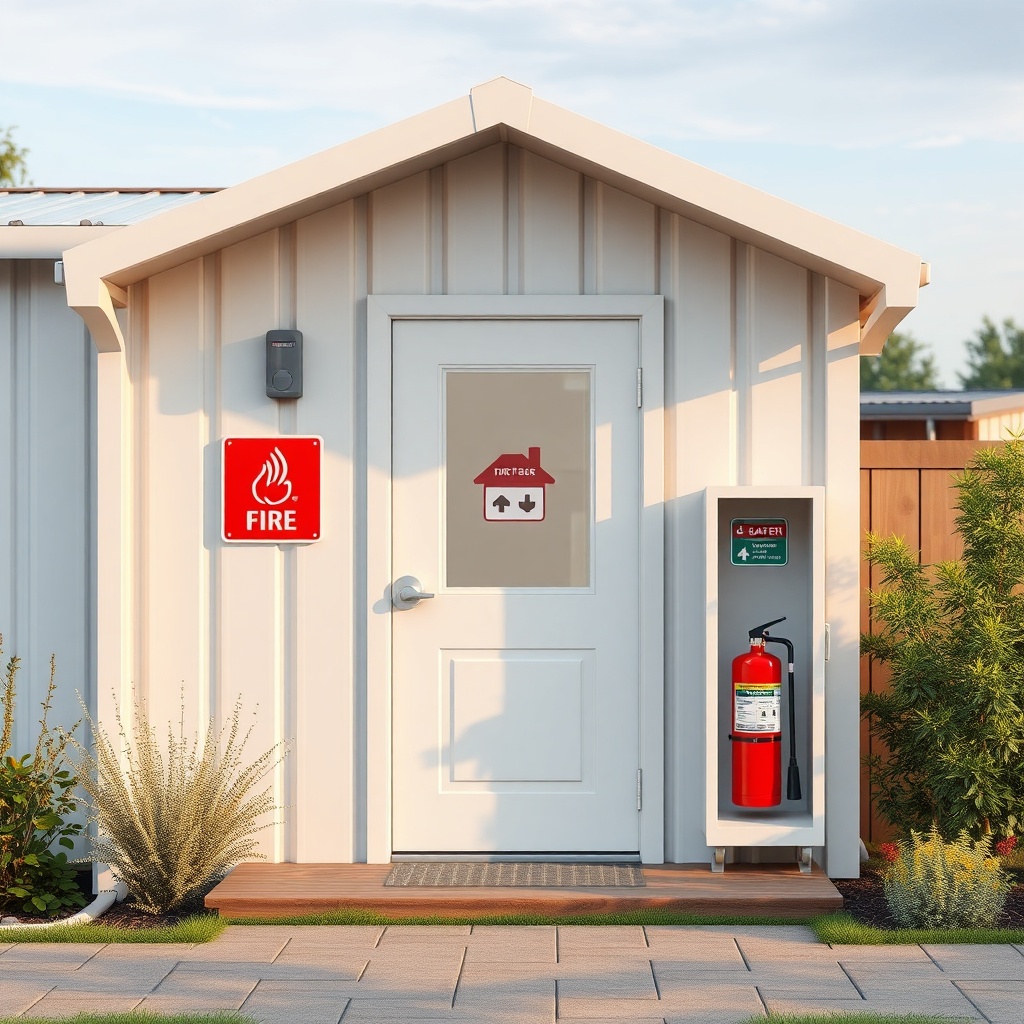 A photorealistic view of a Model A prefabrik ev exterior with a modern fire safety sign an