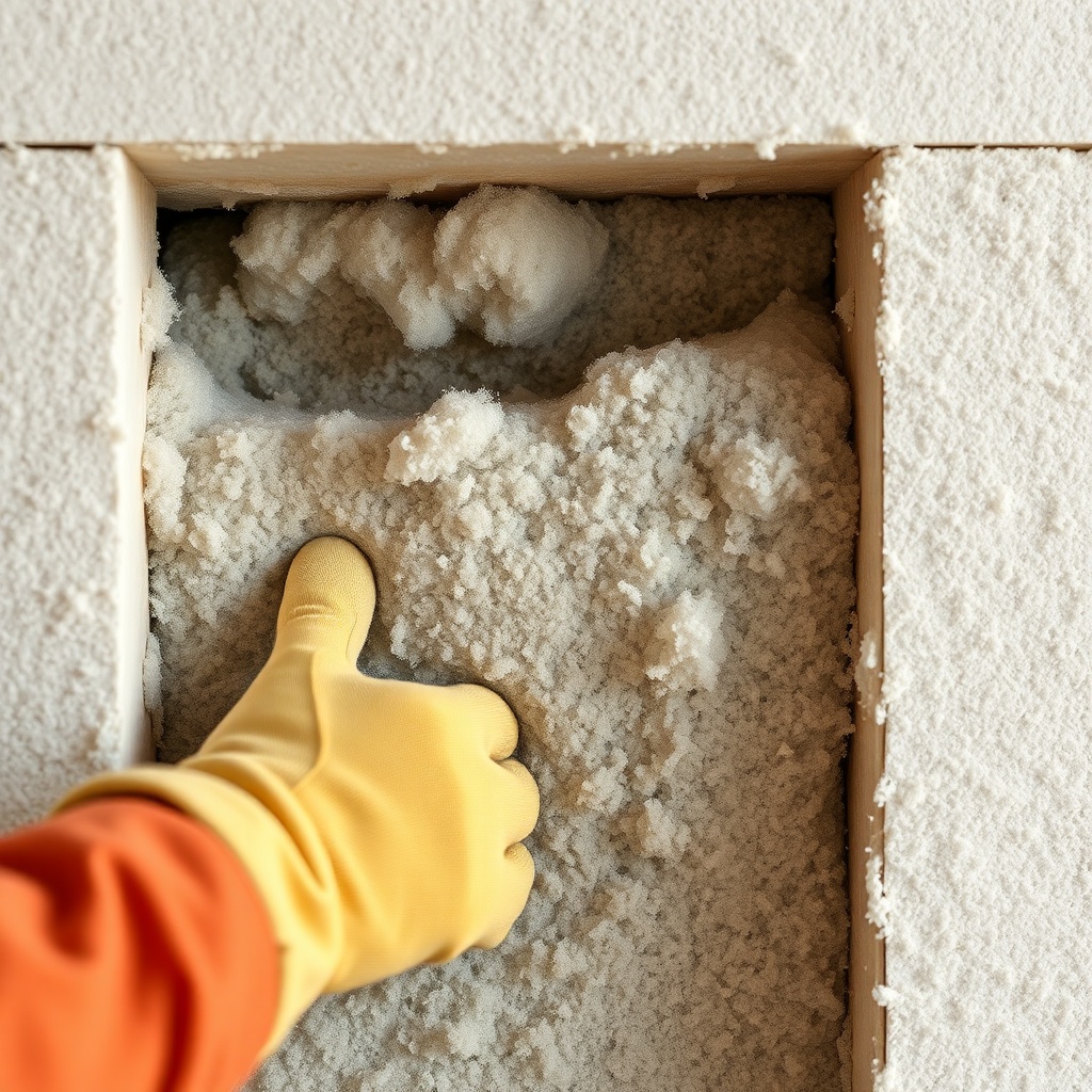 A photorealistic close-up of fire-resistant insulation material (stone wool) being install
