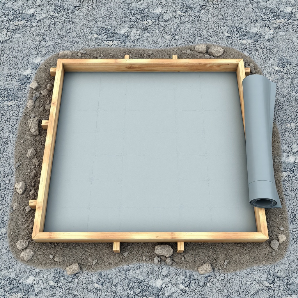 A clean photorealistic bird's-eye view of a freshly poured concrete slab foundation for a