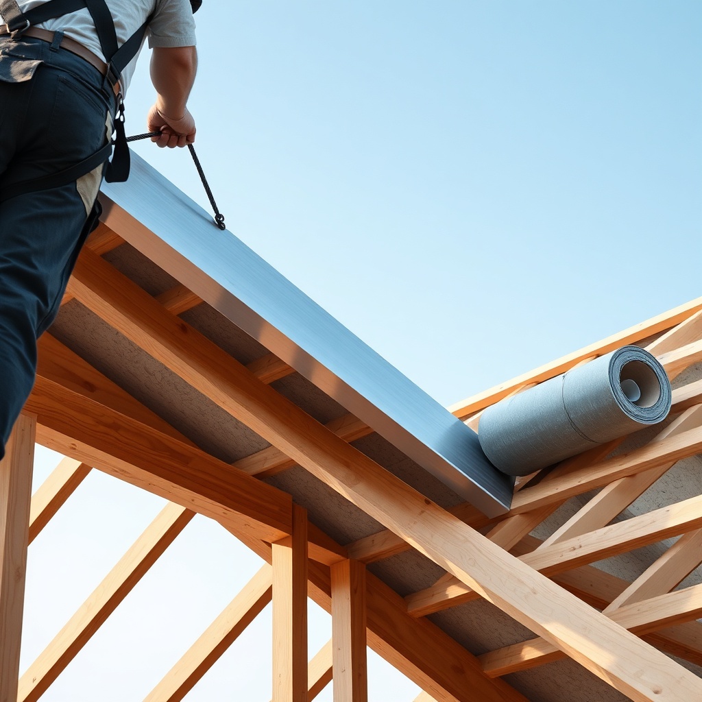 A clean photorealistic diagonal close-up of a prefab house roof being installed