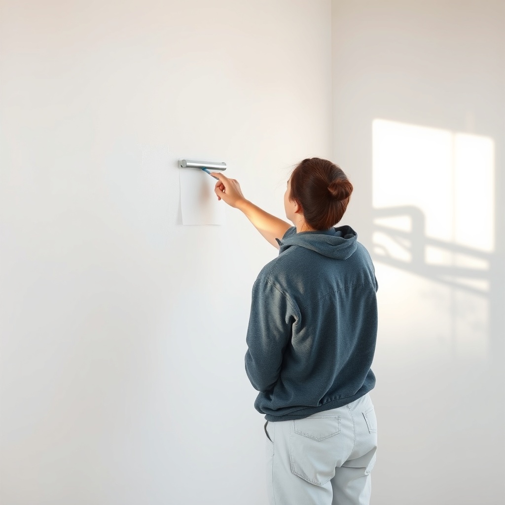 <clean photorealistic photo of a person painting a Prefabrik Ev Modeli B interior wall wit