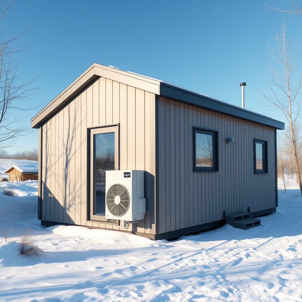 A 70 square meter prefabrik ev Model B with a modern heat pump unit placed outside near th