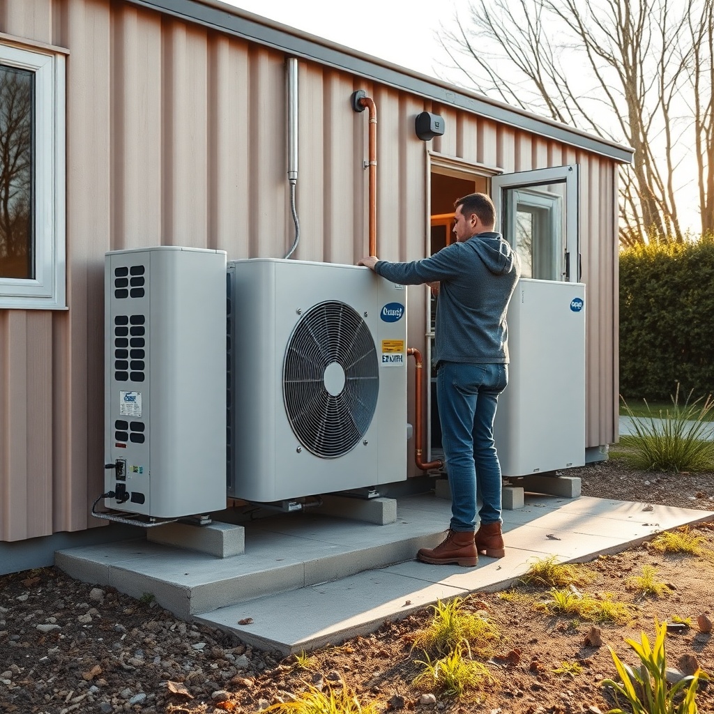 Installation team mounting an outdoor heat pump unit on a concrete pad next to a prefabrik
