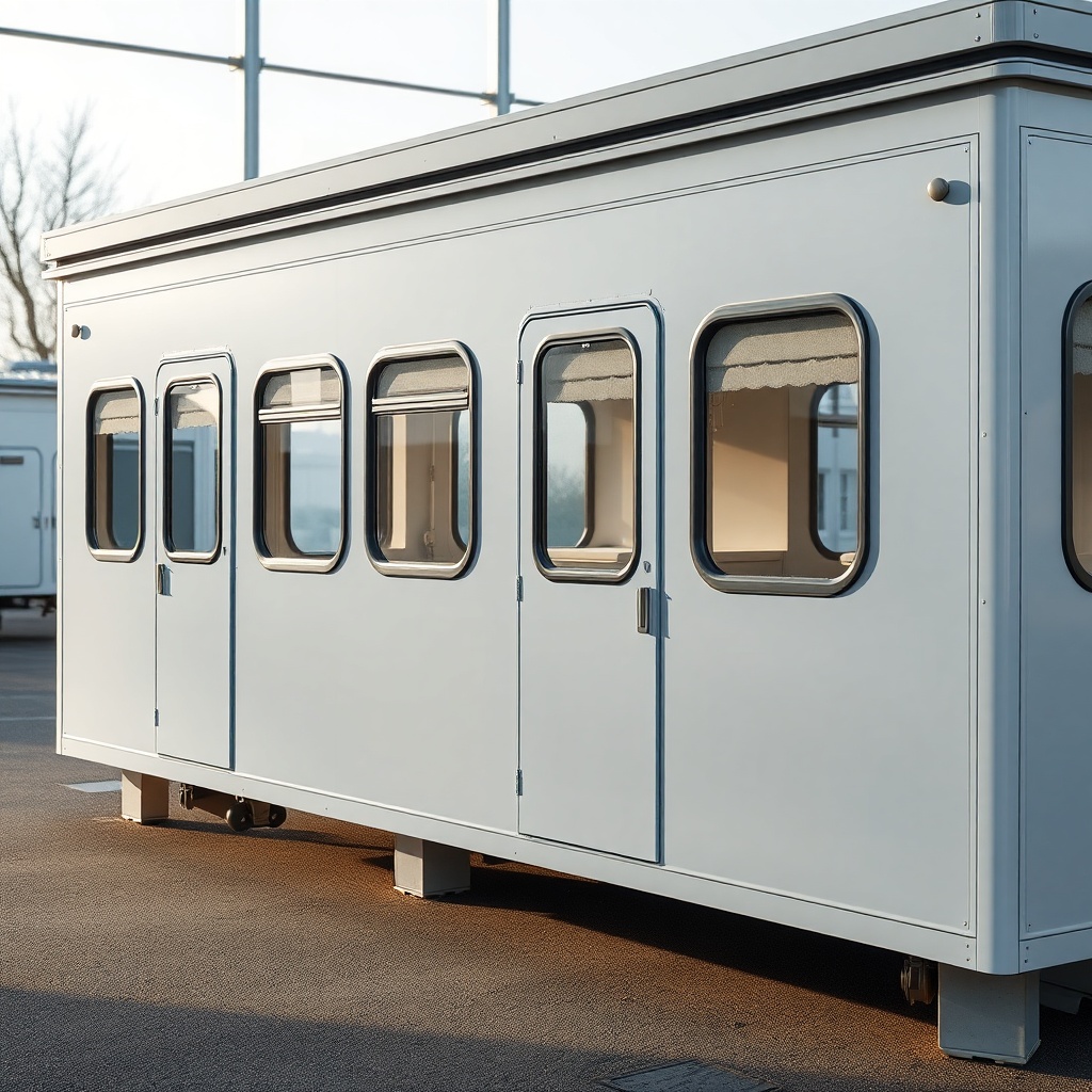 A clean photorealistic photo of a Model B prefabrik ev with well-maintained windows and do