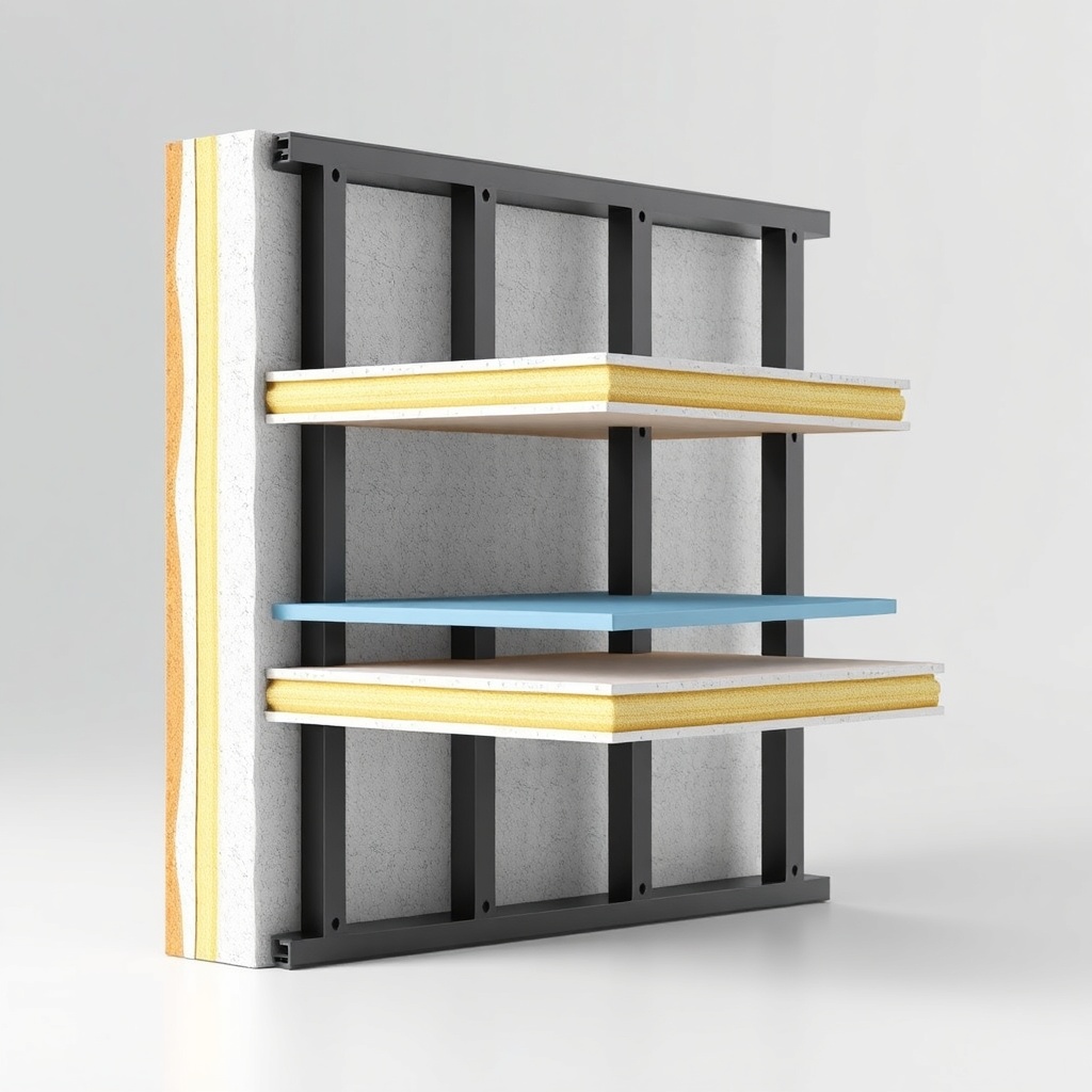 <clean photorealistic photo of prefabrik ev modeli B cross-section showing insulation laye
