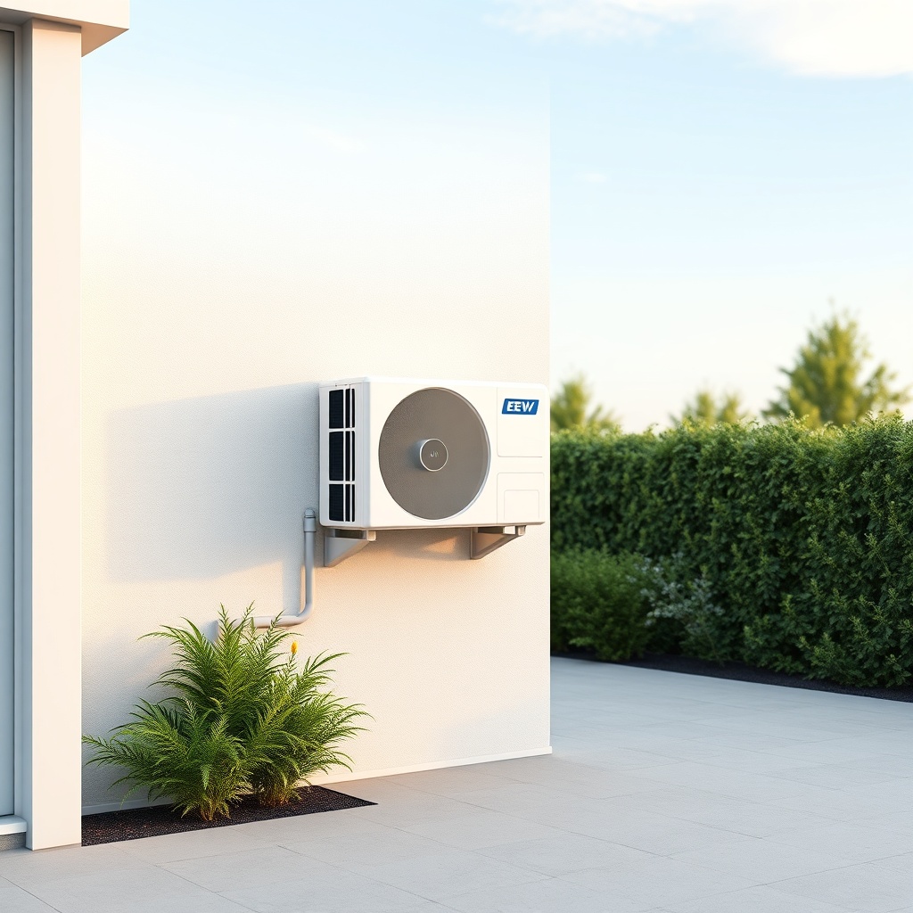 <clean photorealistic photo of a modern prefabrik ev Model B with a white split klima outd