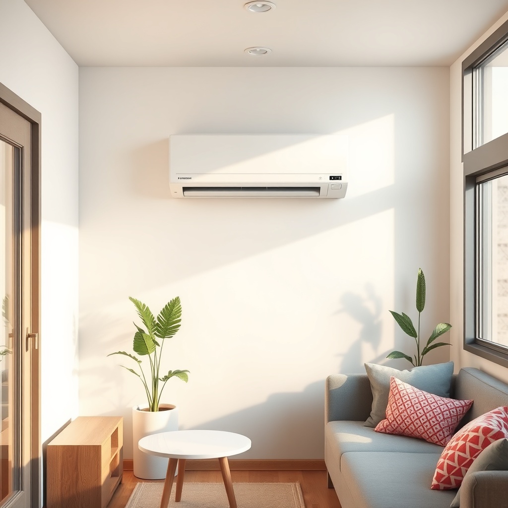 <clean photorealistic photo illustration of a wall-mounted split AC unit in a small prefab