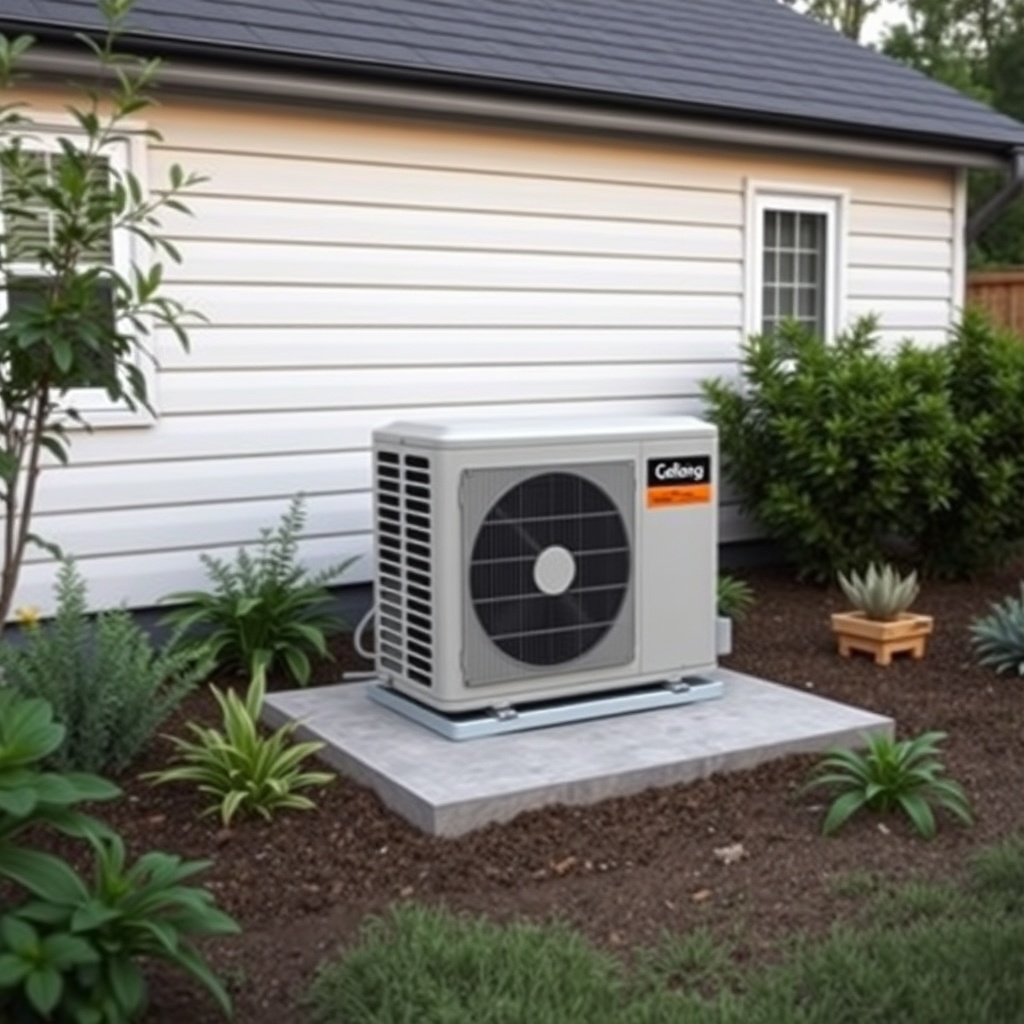 <clean photorealistic photo illustration of an outdoor AC unit placed on a small concrete