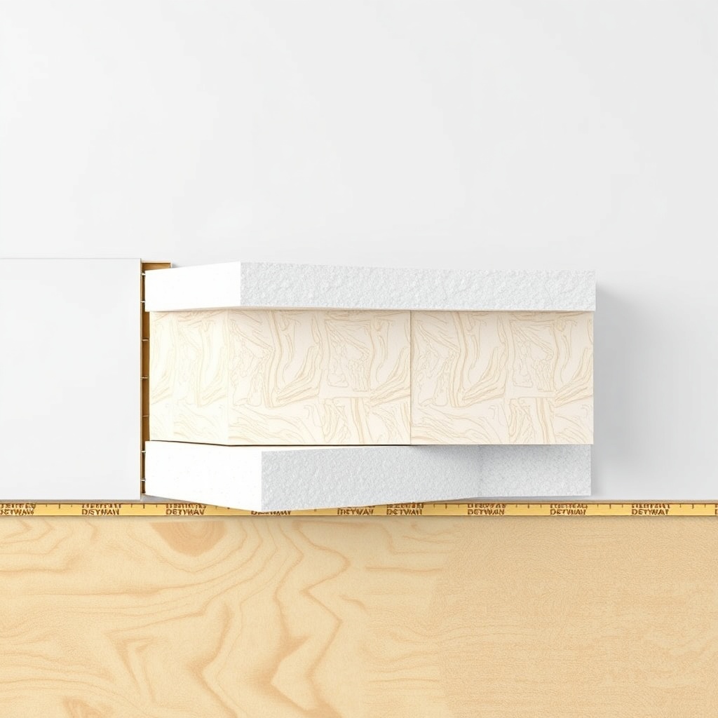 A photorealistic cross-section of a prefab wall showing layers: exterior cladding