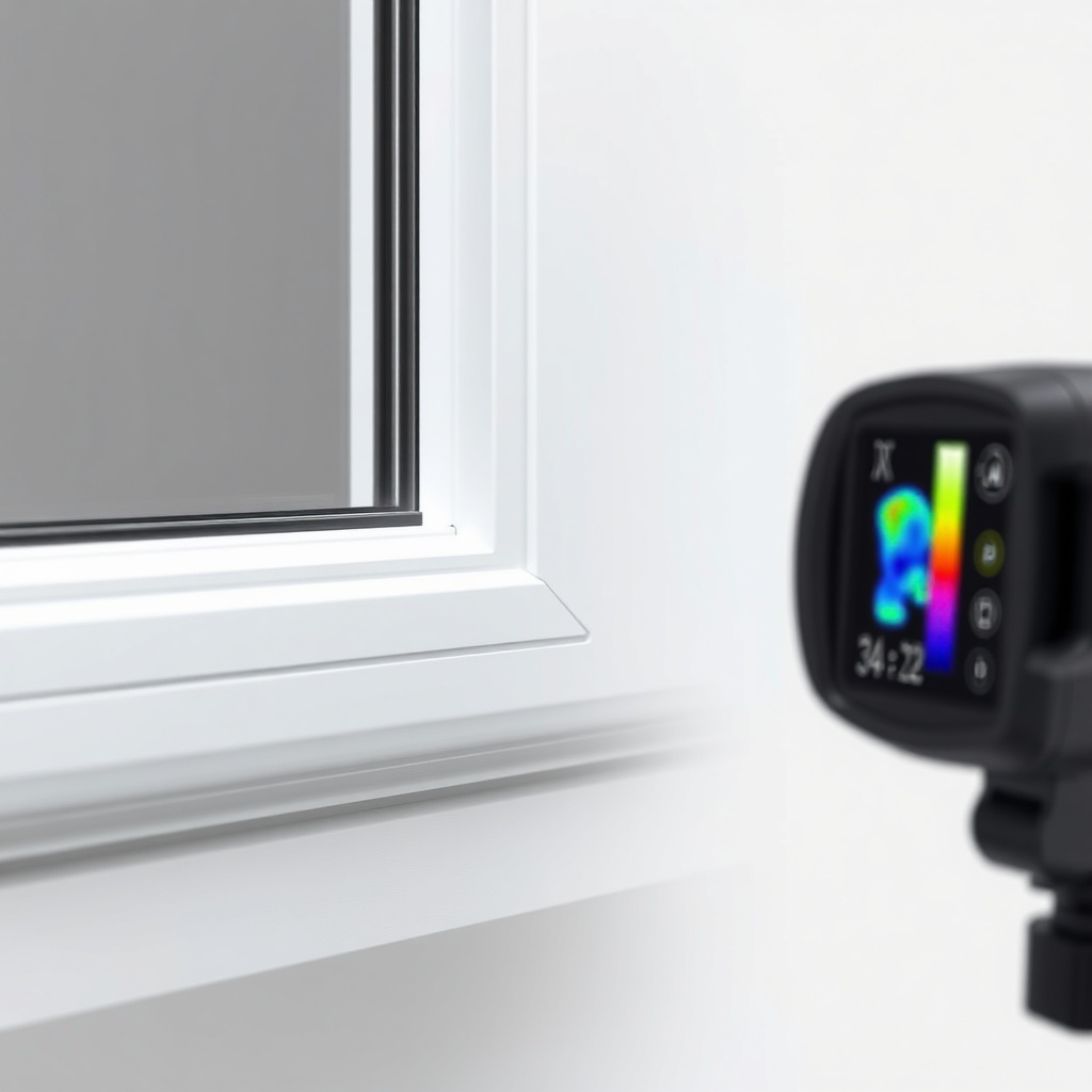 A photorealistic close-up of a white PVC double-glazed window with a Low-E coating label o